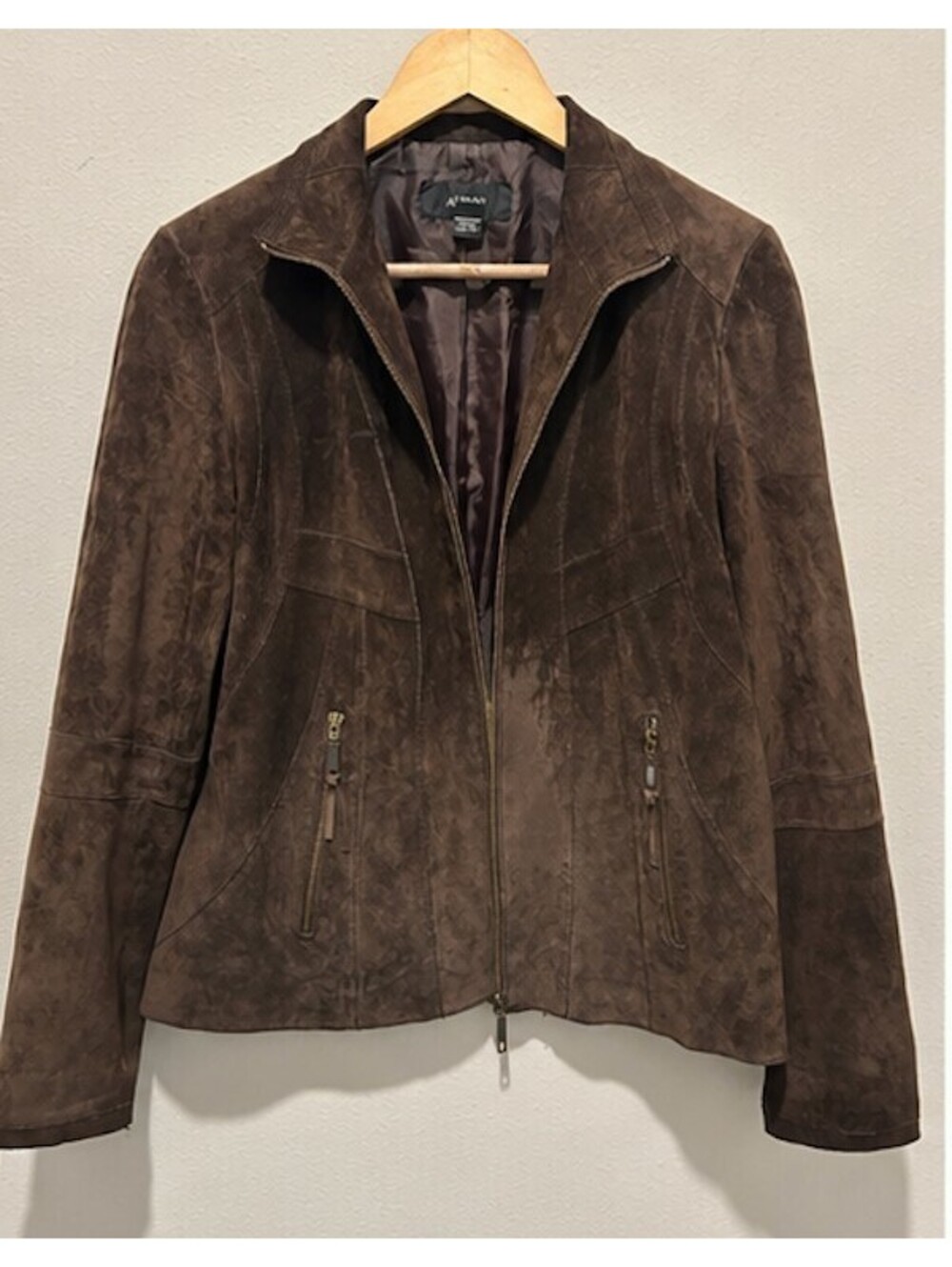 Alfani Women's Brown Suede Leather Jacket with Zip Pockets and Sleeve Zippers